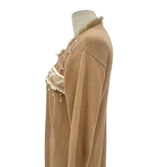 Storybook Knits Pearl Beaded Fur Trimmed Cardigan Sweater Tan Camel Size Small - Picture 7 of 14